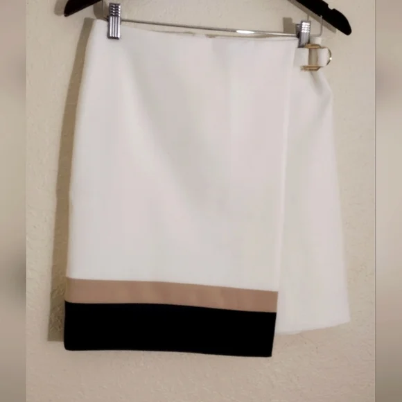 White House Black Market Ivory Tan Black Color Block Wrap Pencil Skirt - Picture 5 of 10